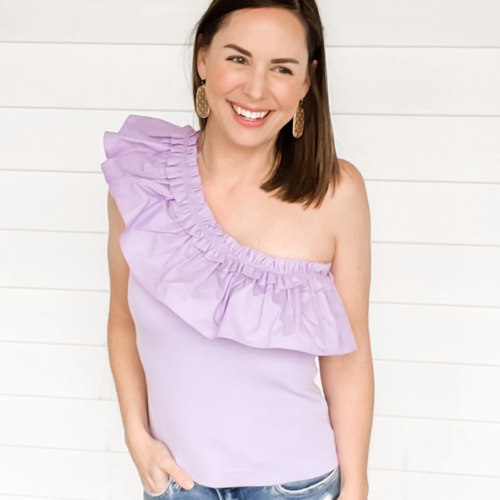 Lavender Purple One Shoulder Ruffle Knit Top